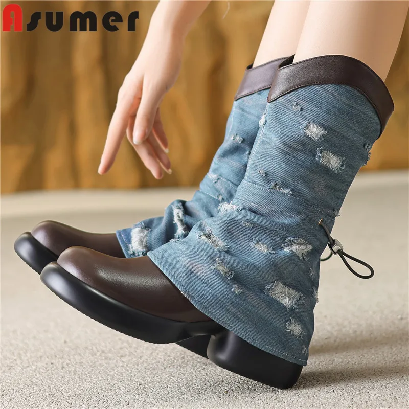 ASUMER 2024 New Unique Ladies Denim Zipper Winter Boots Genuine Leather Pleated Mid Calf Boots Square High Heels Platform Boots
ASUMER 2024 New Unique Ladies Denim Zipper Winter Boots Genuine Leather Pleated Mid Calf Boots Square High Heels Platform Boots