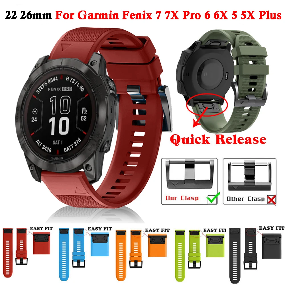 

26mm 22mm Sport Silicone Watchband Wriststrap For Garmin Fenix 7 7X Pro 6 6X Pro 5 5X Plus Easy Fit Quick Release Wirstband