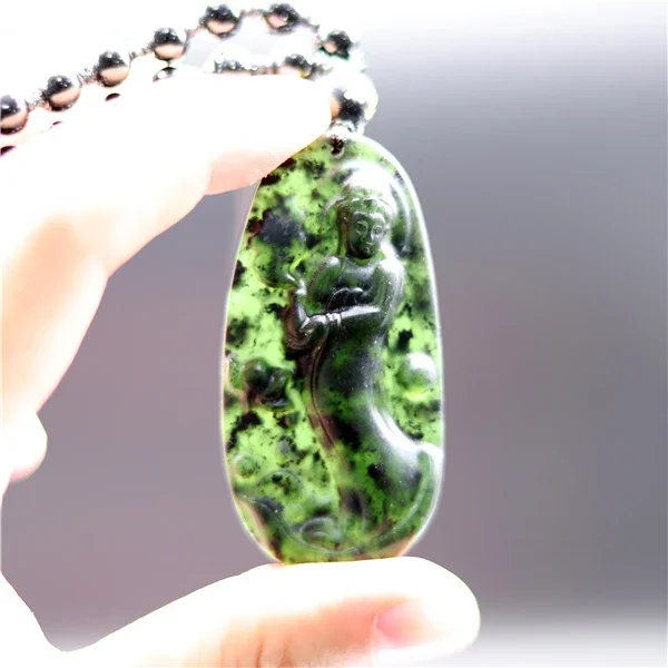 

Carved Chinese Guanyin Jade Pendant Natural Black Green Obsidian Necklace Charm Jewellery Fashion Amulet Gifts for Men Women