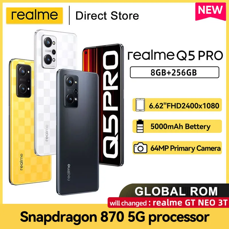 

realme Q5 Pro 5G Smartphone GT NEO 3T Snapdragon 870 Octa Core 6.62" FHD+ 120Hz Mobile Phone 5000mAh 80W Charge Android 12 64MP