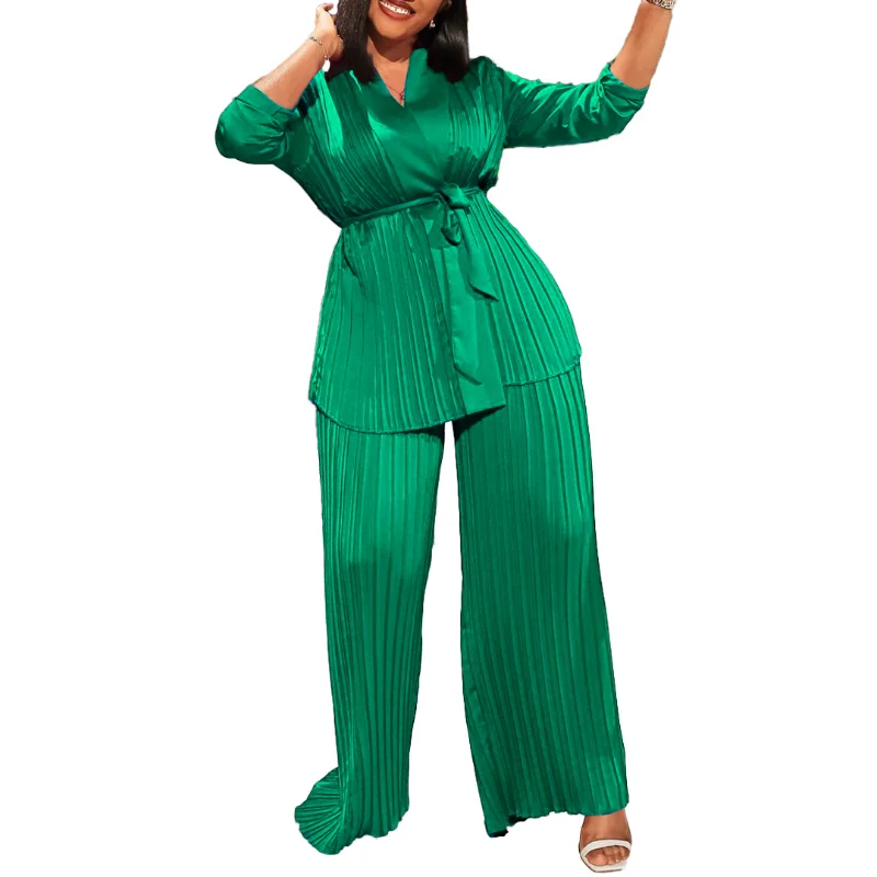 Spring Summer African Women Long Sleeve V-neck Polyester Pleated 2 PCS Sets Top Long Pant Matching Sets African Clothes
Spring Summer African Women Long Sleeve V-neck Polyester Pleated 2 PCS Sets Top Long Pant Matching Sets African Clothes