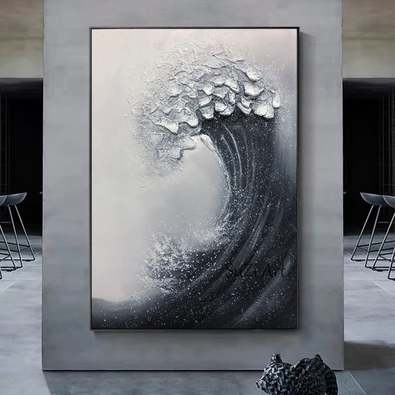 

Hand Painted Modern Abstract Oil Painting Black Ocean Wave Texture On Canvas Wall Art Picture Living Room Bedroom Home Decor