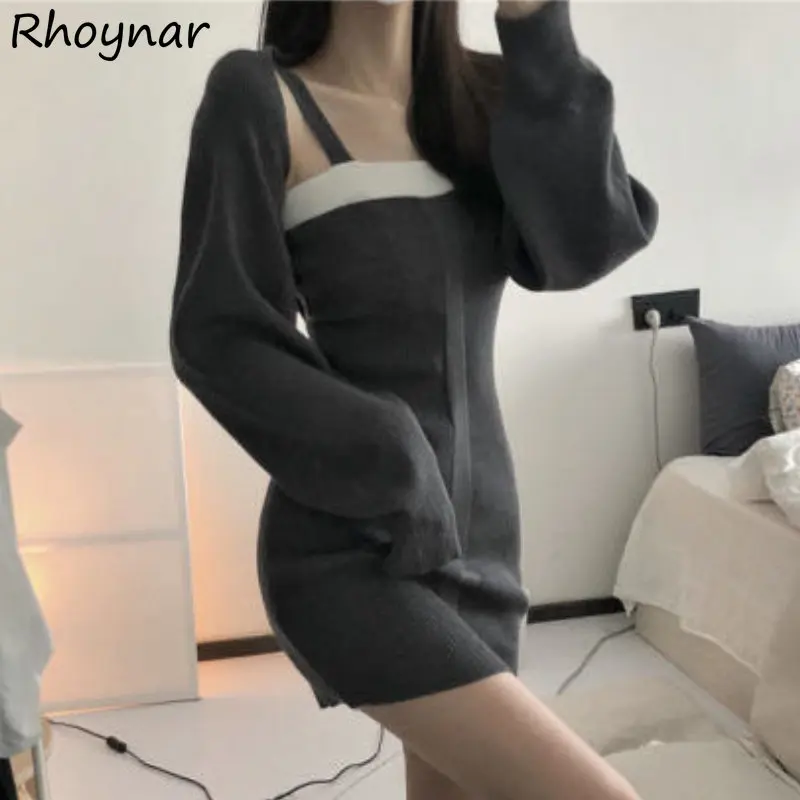 

Women Two Piece Sets Mini Dresses Knit Long Sleeve Cropped Outwear Slim Sexy Hotsweet Korean Fashion Temper Vintage High Street