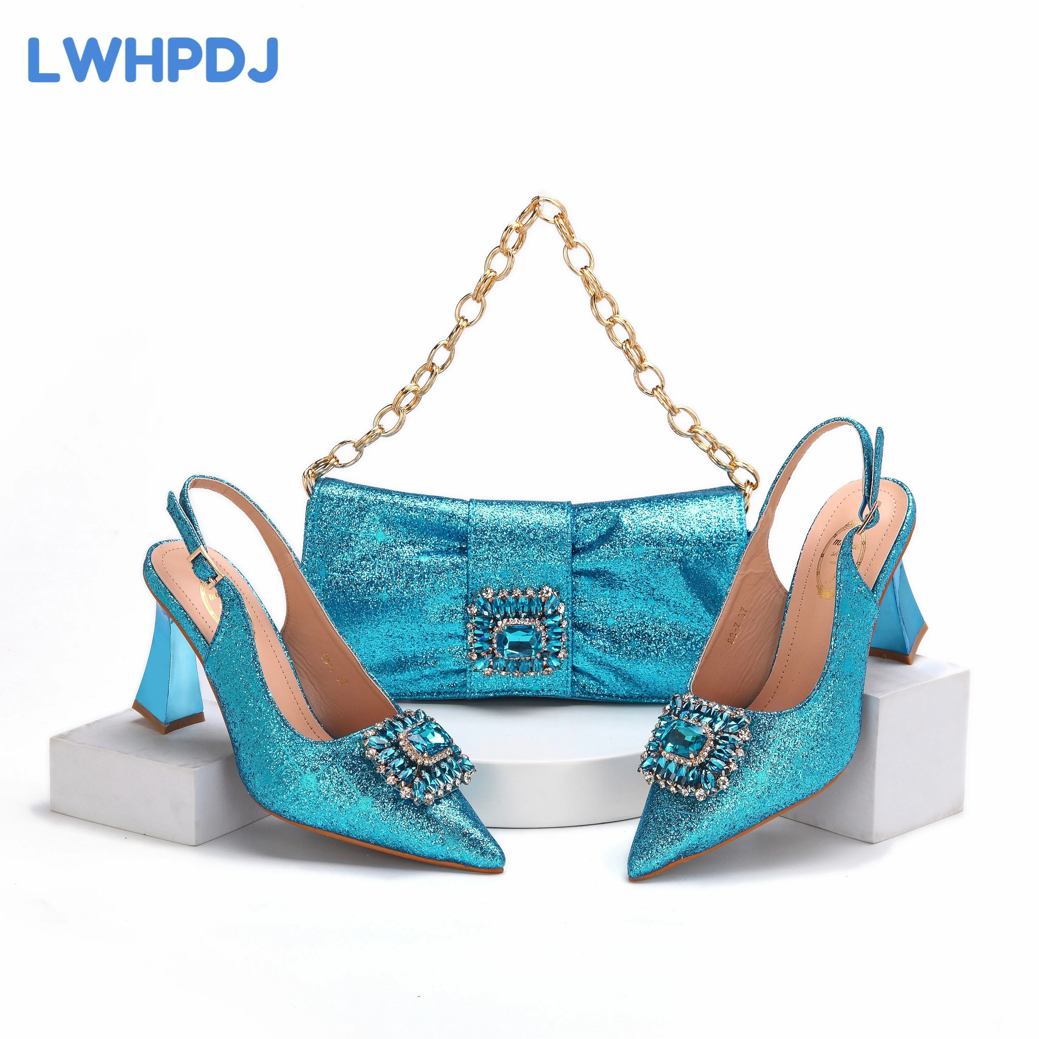 

Italian Design Pointed Toe Wedding Pumps Teal Blue Summer Sandal for Women High Heels Rhinestone Design Shoes and Bag Set