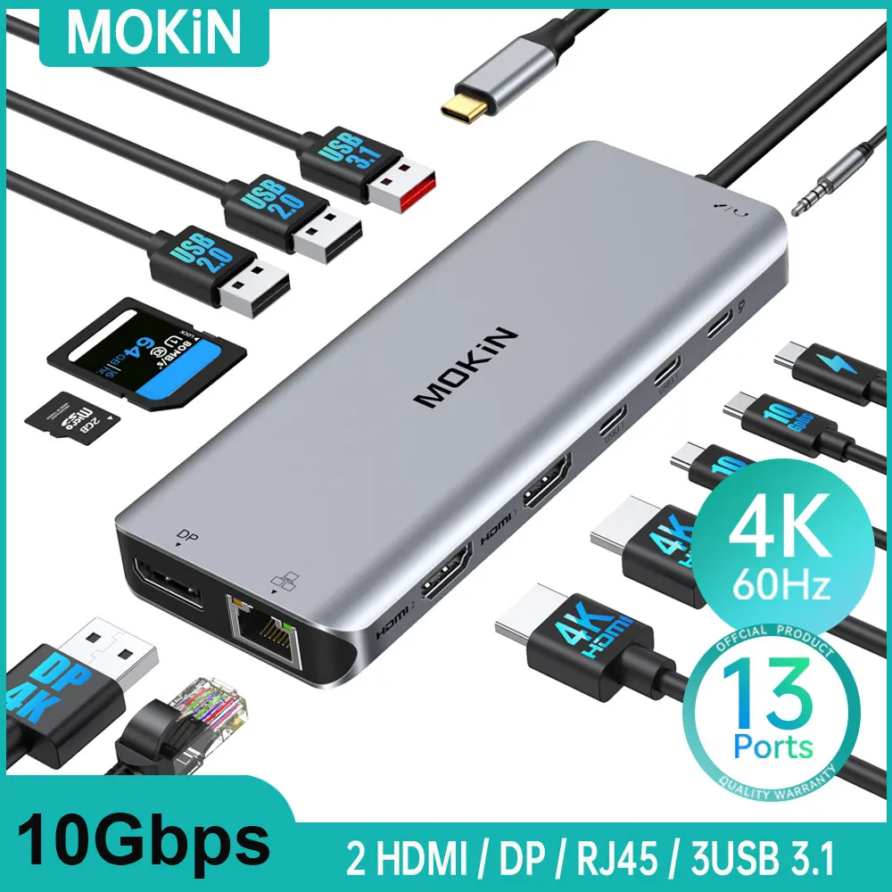 

MOKiN 10Gbps USB C HUB,4K@60Hz HDMI Docking Station,Type C Hub Dock,For MacBook Air M1 M2 usb hub USB 3.1 PD Ethernet SD/TF Card