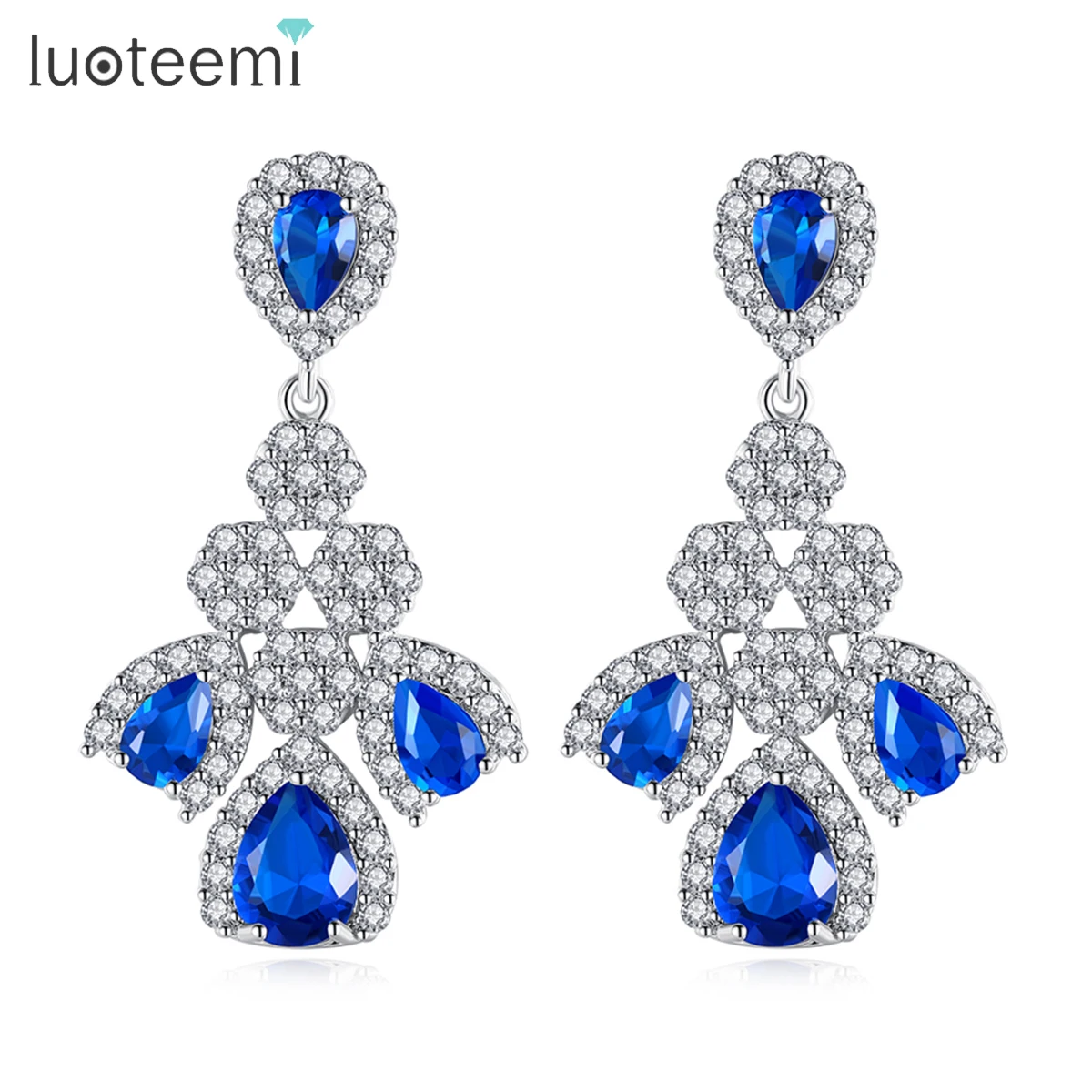 

LUOTEEMI Luxury Chandelier Drop Dangle Earrings for Women Wedding Water Drop Green/Red/White/Blue Cubic Zircon Bridal Jewelry
