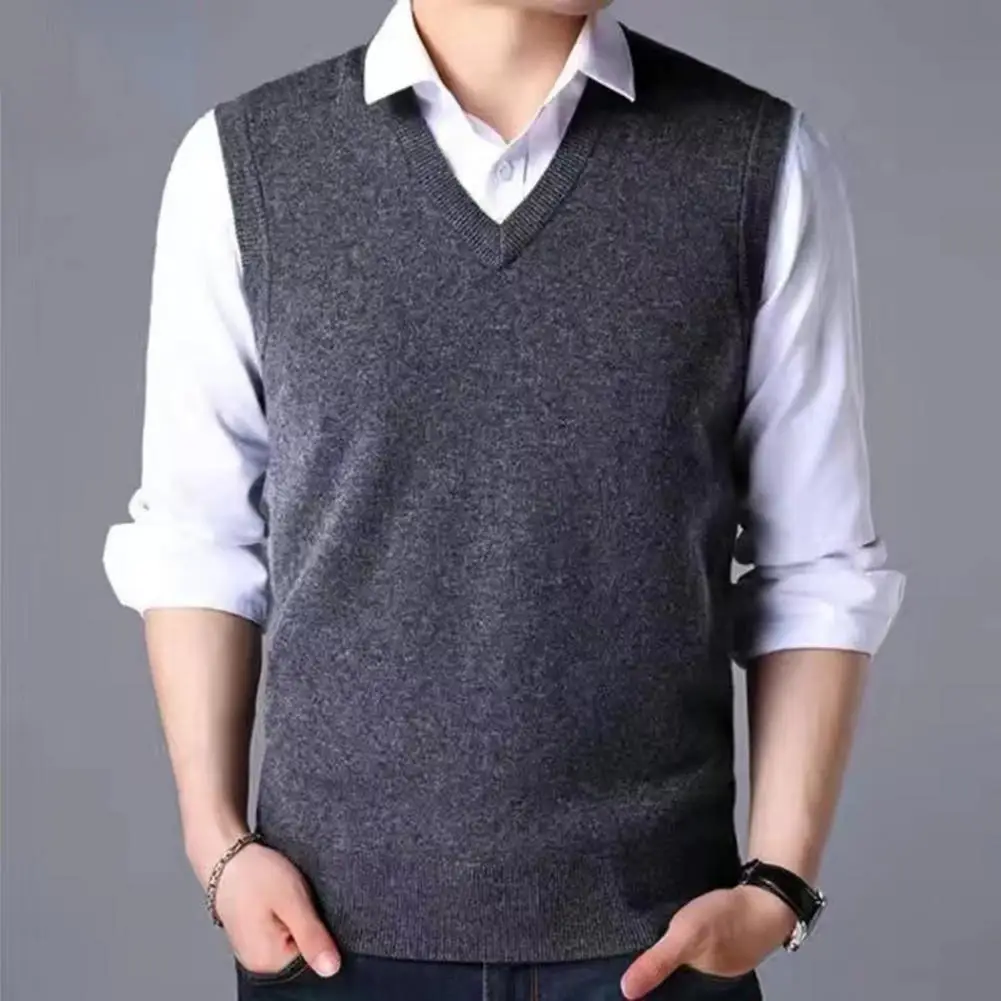 

Knitted Vest Men's V-neck Knitted Sweater Vest Slim Fit Sleeveless Pullover Waistcoat with Ribbed Cuffs Versatile for Casual