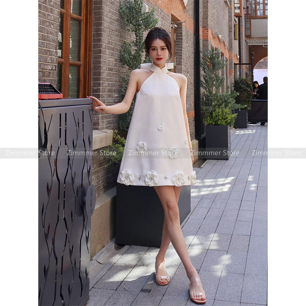 

French white bow hanging neck dress women 2024 summer new senior sense of temperament elegant thin skirt