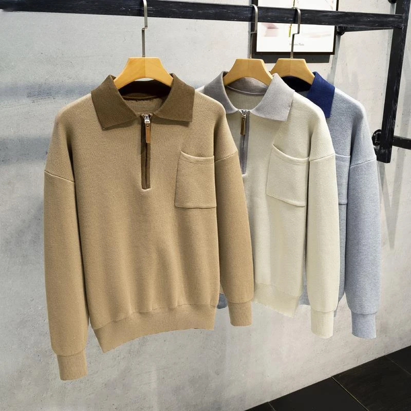 

Autumn Winter Men's Sweater Knitwear Polo Lapel Solid Color Knitted Pullover Social Streetwear Casual Business Men Clothin C133