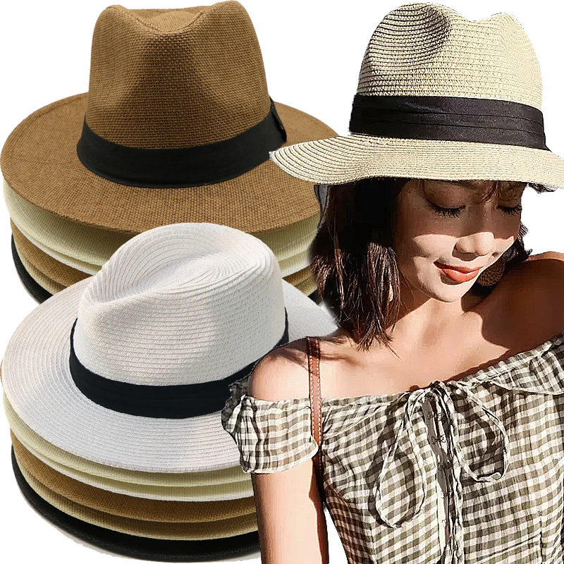 

Handwoven Straw Sun Hat Solid Color Summer Beach Vacation Panama Jazz Sunscreen Women Hawaii Trend Sunshade Gangster Bucket Cap