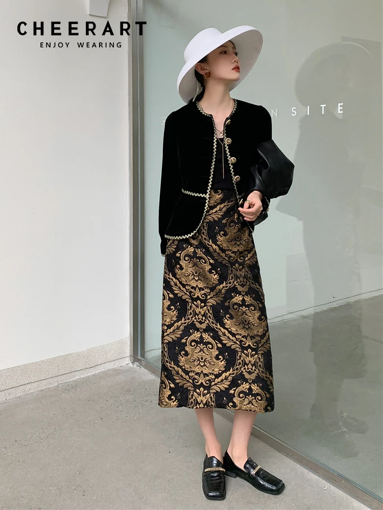 CHEERART Vintage Long Gold Skirt Womens 2022 Luxury Elegant A Line High Waist Embroidery Floral Ladies Midi Skirt Autumn Clothes
CHEERART Vintage Long Gold Skirt Womens 2022 Luxury Elegant A Line High Waist Embroidery Floral Ladies Midi Skirt Autumn Clothes