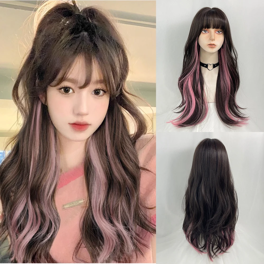 

VICWIG Synthetic Long Wavy Ombre Black Pink Layered Blend Wig with Bangs Lolita Cosplay Women Fluffy Hair Wig for Daily Party