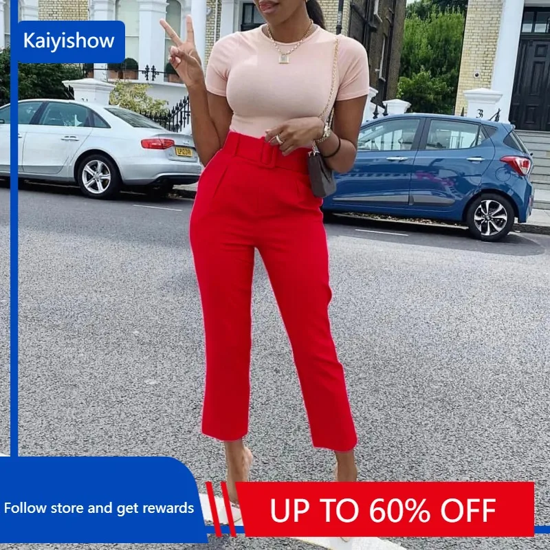 

African Women Chic Fashion With Seam Detail Office Wear Pants Vintage High Waist Ziper Fly Female Ankle Trousers Mujer With Belt