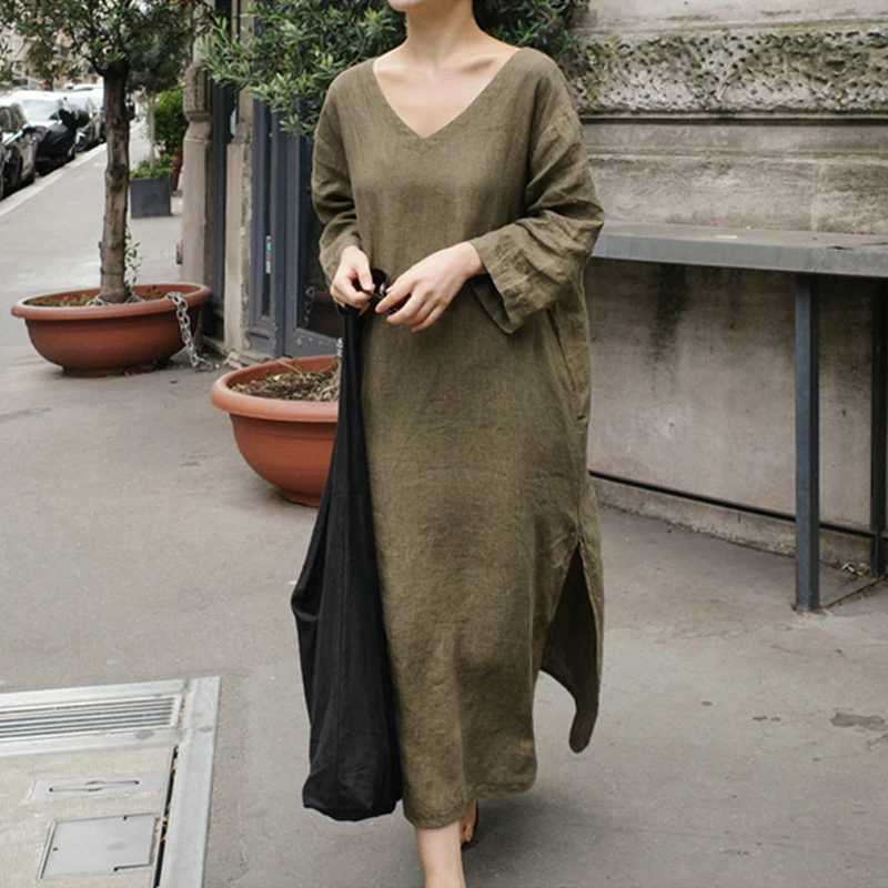 

Johnature V-neck Solid Color Women Slits Loose Dresses 2023 Summer New Korean Casual Simple Women Dress