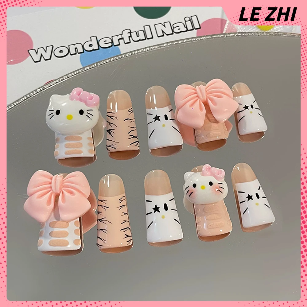 

KAWAII Hello Kitty Duck-bill Shape Pure Handmade Press on Nails 3D Doll Bowknot French Anniversary Gift Full Cover Nail Tips