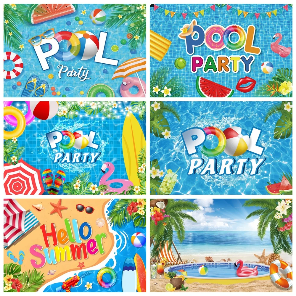 

Summer Pool Party Backdrop Swim Ring Wave Baby Birthday Kids Portrait Photography Background Decor Banner Photo Studio Props