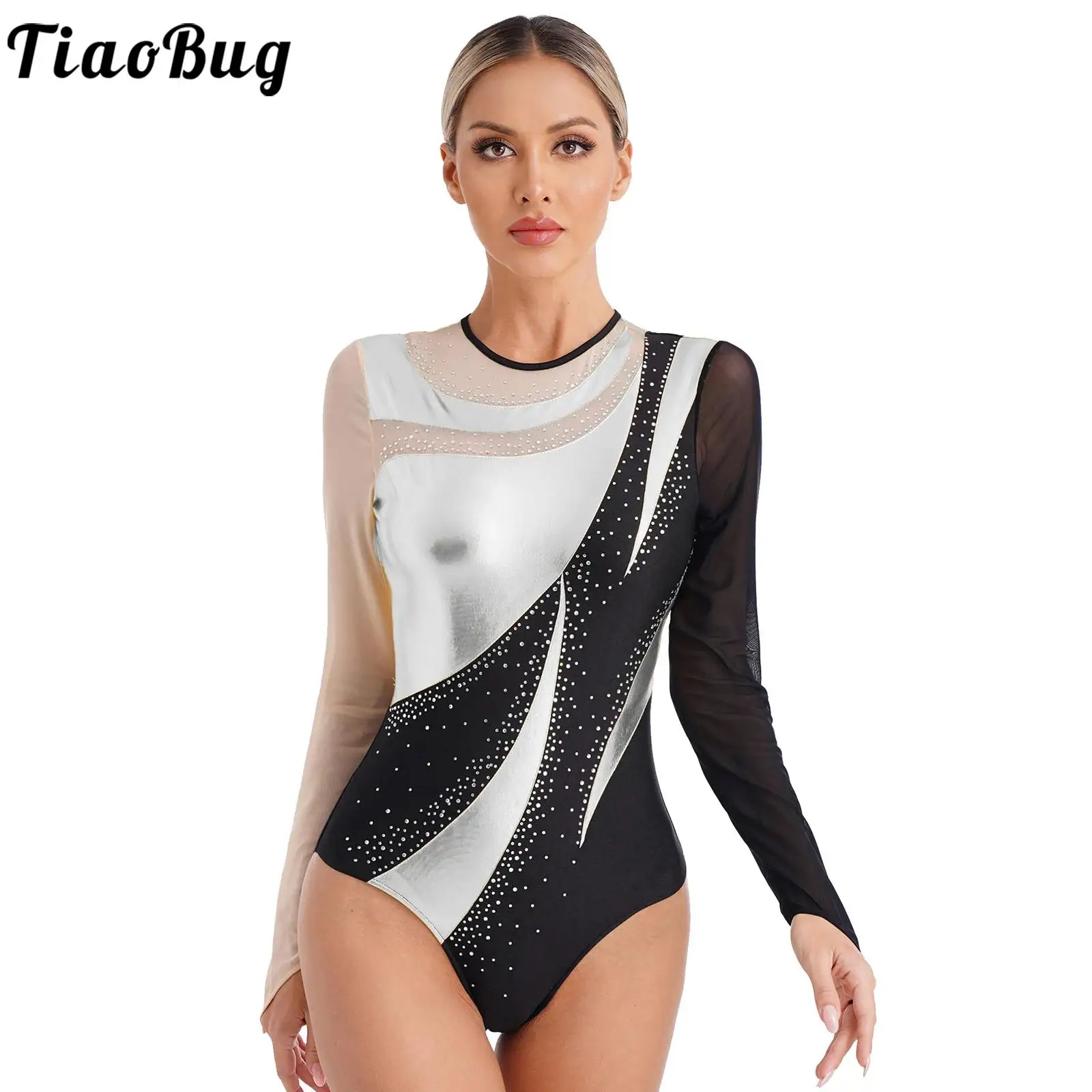 

Womens Gymnastics Leotards Bronzing Mesh Long Sleeve Ballet Bodysuit Metallic Contrast Figure Ice Skating Jumpsuit Costume