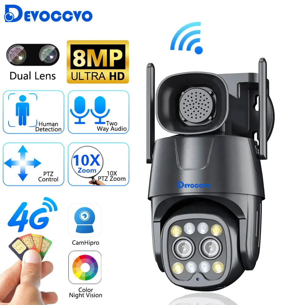 

4G Sim Card IP Camera 8MP 4K HD WIFI PTZ Camera Dual Lens 2.8mm-8mm 10X Zoom Outdoor 4MP AI Auto Tracking Security Cam P2P