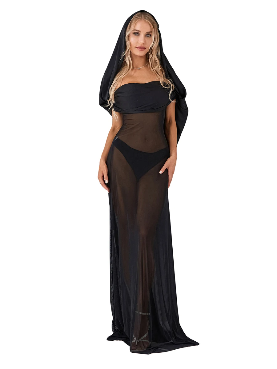 

Women Sexy Sheer Mesh See Through Overlay Dress Y2k off Shoulder Ruched Hooded Long Cocktail Party Dress Beach Dress