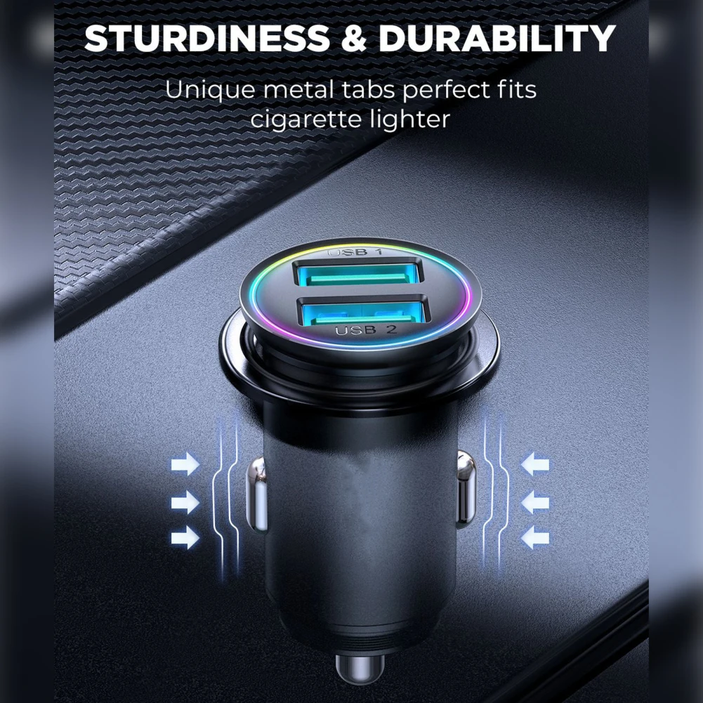 24W Car Charger QC3.0 Fast Charging Dual Ports Cigarette Lighter USB Charger Adapter With LED Color Ambient Light
24W Car Charger QC3.0 Fast Charging Dual Ports Cigarette Lighter USB Charger Adapter With LED Color Ambient Light