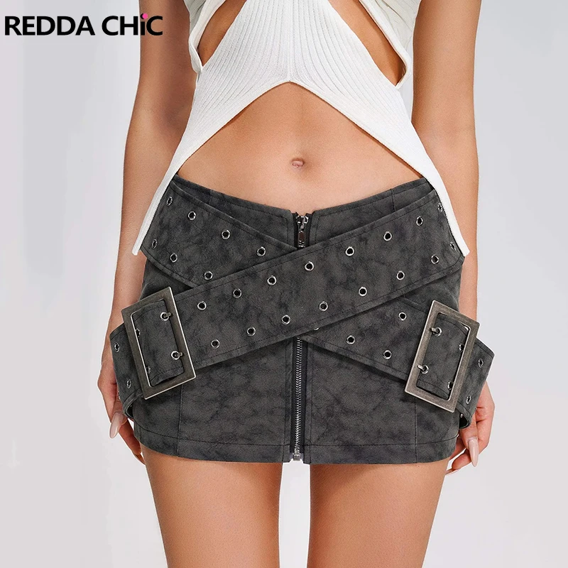 

ReddaChic Women's Low Waist Suede Leather Mini Skirt Y2k Retro Gray Wrap-around Belted Bodycon Short Bottoms Harajuku Streetwear