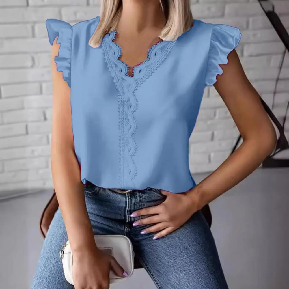 

Lace Detail Shirt Stylish Women's V-neck Lace Splicing Blouse with Ruffled Sleeves Loose Fit Casual Shirt for Summer Streetwear