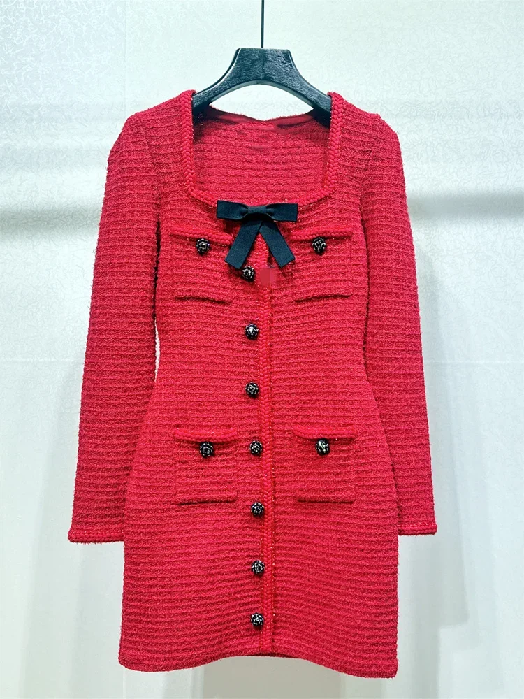 Women Knitted Dress Square Collar Bow Tie Single Breasted 2024 Spring New OL Mini Robe With Pockets
Women Knitted Dress Square Collar Bow Tie Single Breasted 2024 Spring New OL Mini Robe With Pockets