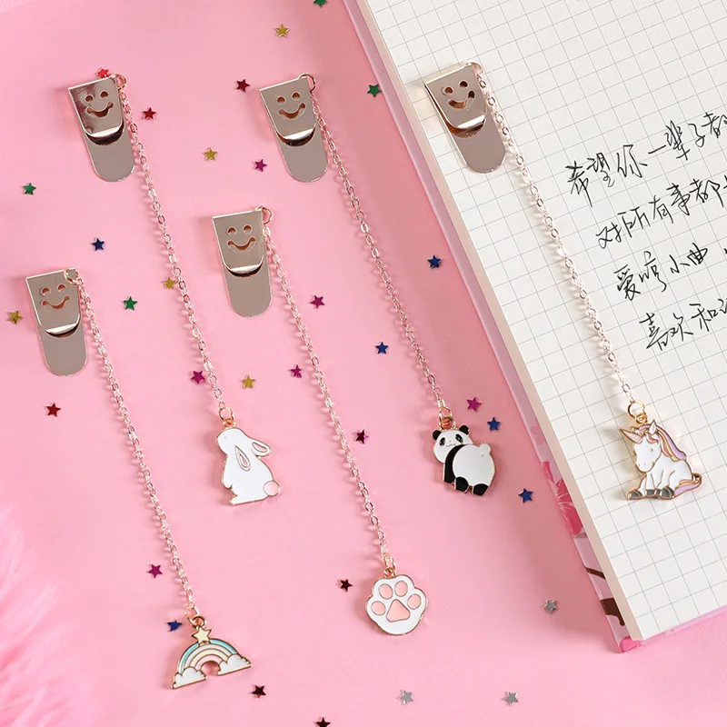 

Korean Kawaii Cute Cartoon Bookmark Student Stationery Book Page Clip Creative Pendant Metal Chain Office Learn Gift Mark Folder