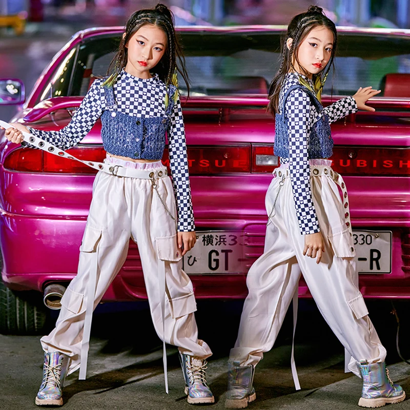 

Hip Hop Clothes Girls Kpop Outfit Jazz Dance Stage Performance Costume Plaid Tops Cargo Pants Children Festival Clothing VDB5101