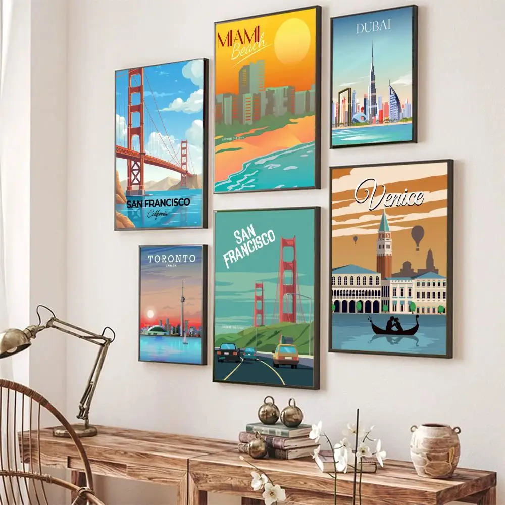 

World Travel City Poster Self-adhesive Art Poster Whitepaper Prints Posters Artwork Aesthetic Art Wall Painting