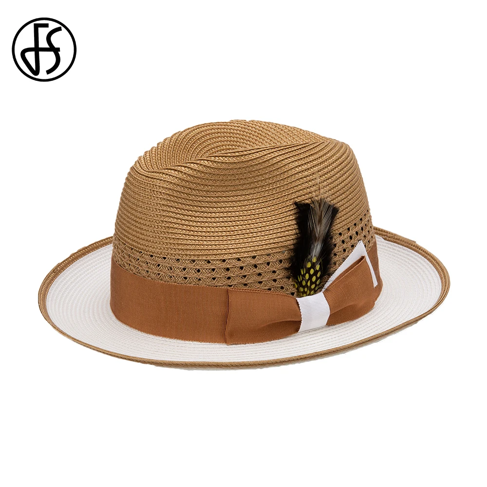 

FS 2024 Summer Khaki Cowboy Straw Hats For Men With Feather Rolled Brim Sombrero Jazz Panama Hat Gentleman Gangster Black Cap