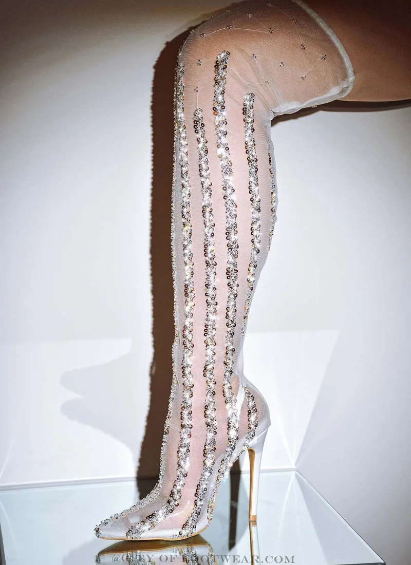 White Lace Mesh Glitter Summer Booties Women Pointed Toe Stilettos Crystal Sequins Knee High Boots Luxury Designer Party Shoes
White Lace Mesh Glitter Summer Booties Women Pointed Toe Stilettos Crystal Sequins Knee High Boots Luxury Designer Party Shoes