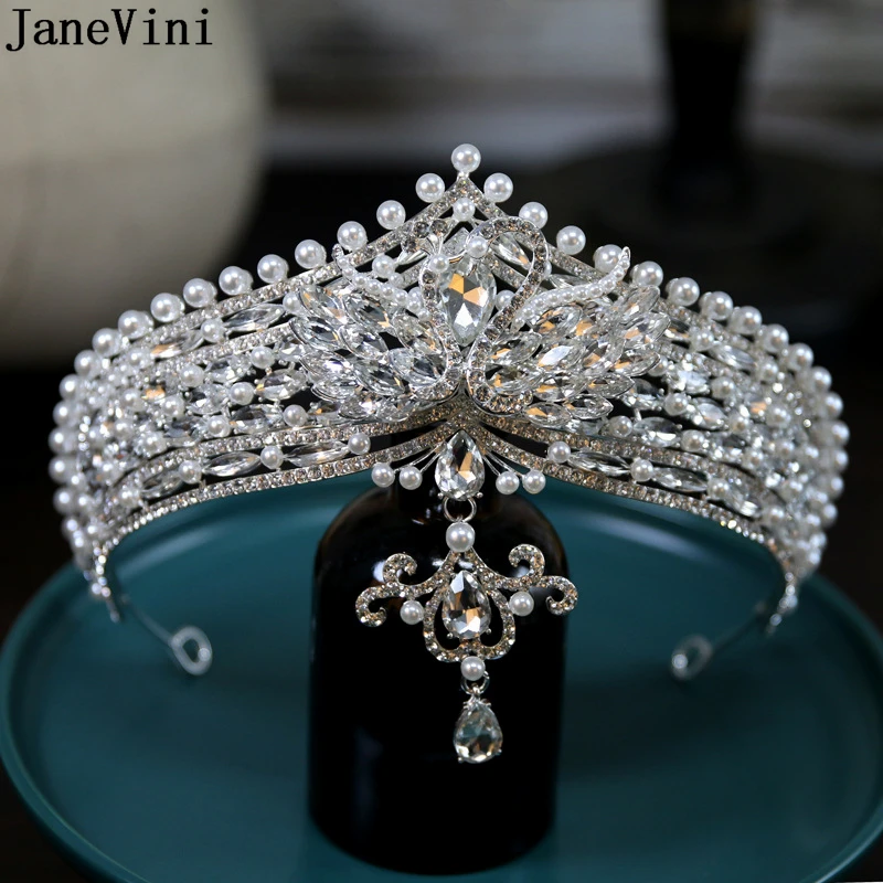 

JaneVini Sparkly Rhinestone Wedding Crowns Silver Crystal Pearl Bride Headband Tiaras Headdress Baroque Bridal Hair Accessories