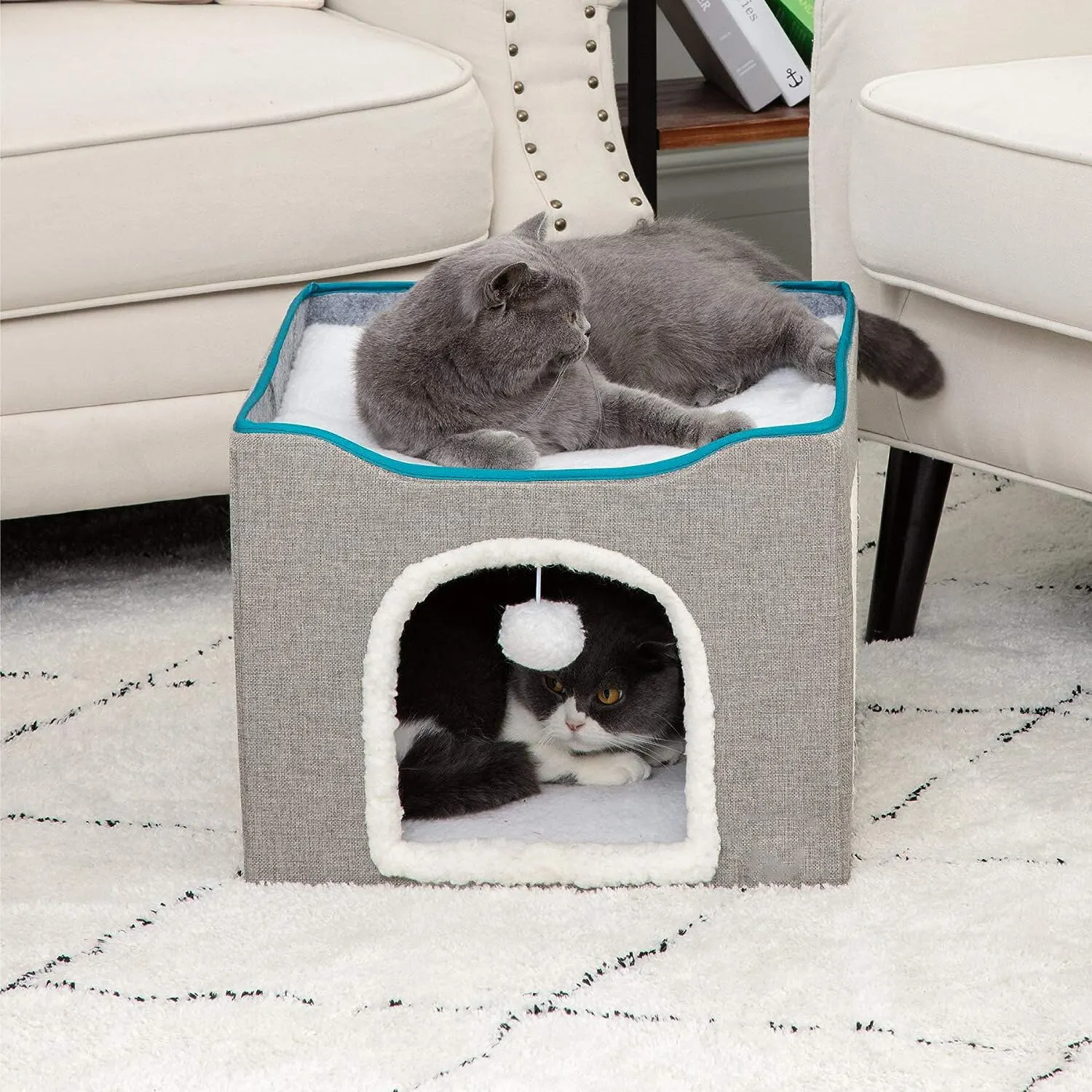 Foldable Large Cat Cave for Pet Cat House with Fluffy Ball Hanging and Scratch Pad and Leisure Calming Pet Bed for Indoor Cats
Foldable Large Cat Cave for Pet Cat House with Fluffy Ball Hanging and Scratch Pad and Leisure Calming Pet Bed for Indoor Cats