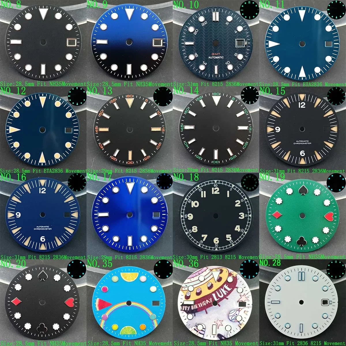 Watch Parts Dial 28.5mm 29mm 31mm Laser Gradient Solid Color Dial Luminous for NH35 NH36 ETA 2836 2824 Miyota 8215
Watch Parts Dial 28.5mm 29mm 31mm Laser Gradient Solid Color Dial Luminous for NH35 NH36 ETA 2836 2824 Miyota 8215