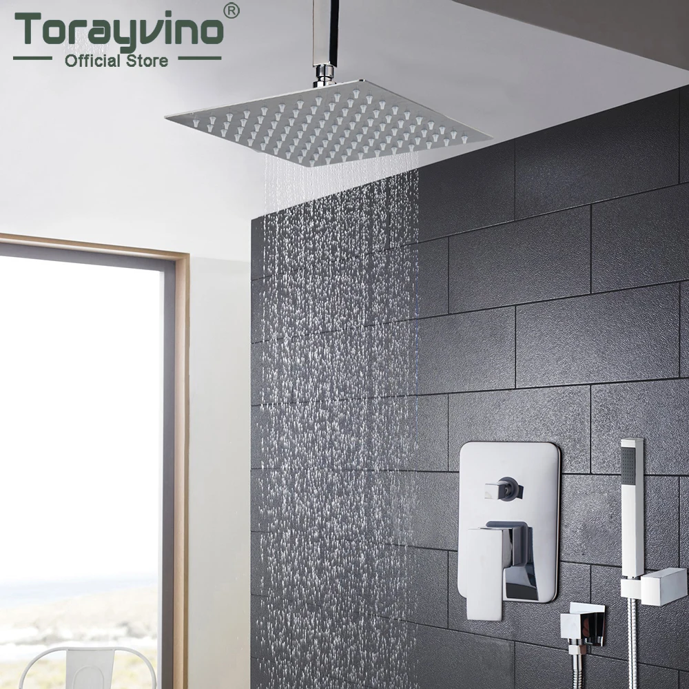 

Torayvino Chrome Shower Set Ceiling Mounted Showers System Faucet Set Mixer 6/8/10/12/16 Inch Rainfall Bathroom Chuveiro Tap