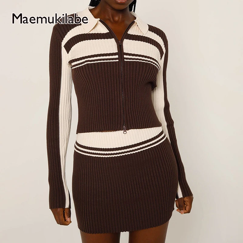 

Maemukilabe Women 2 Piece Set Autumn Knitted Zipper Cardigans Crop Top + Mini Skirt Vintage Striped Long Sleeve Slim Fit Sweater