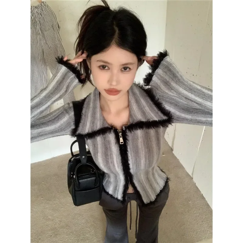 

Y2K гранж серый Укороченный кардиган, Женский винтажный градиентный вязаный свитер в стиле Харадзюку, сексуальный облегающий осенне-зимний джемпер 2000s