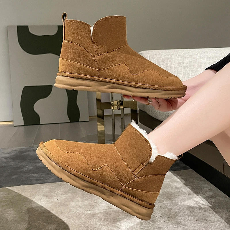 

Ботинки на среднем каблуке, плюшевые ботинки-Женская австралийская роскошная дизайнерская обувь, зимняя обувь с круглым носком, мех 2023, модная зимняя обувь на плоской резиновой подошве