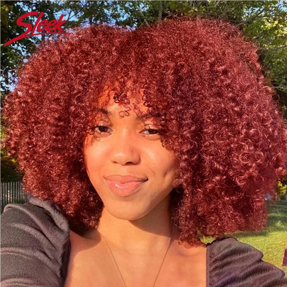 

Sleek Cooper 33# Ginger Afro Kinky Curly Human Hair Wigs Brazilian P4/27 Remy Hair Bob Wigs With Bang 250% Density Black Human