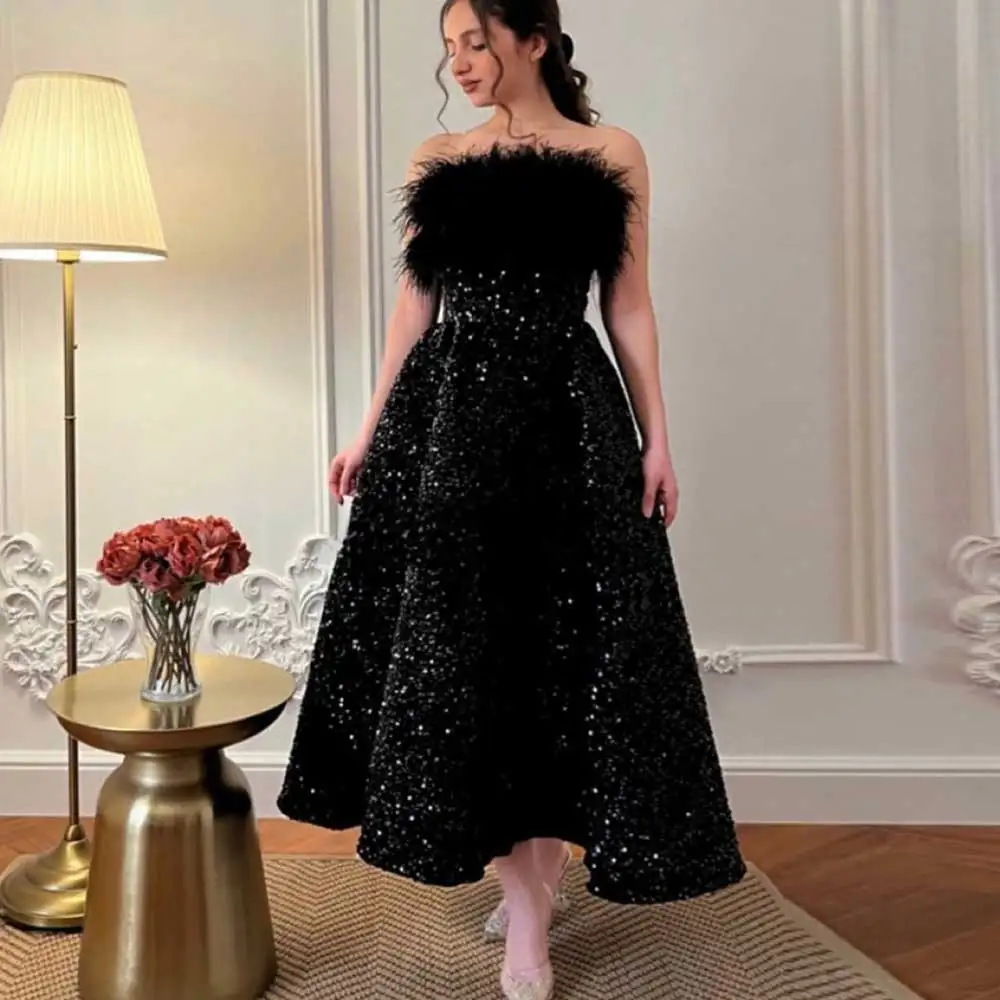 

Sparkling A-Line Prom Dress Strapless Pleated With Feathers Women's Backless Sequins Gorgeous Black Short Party Evening Gown