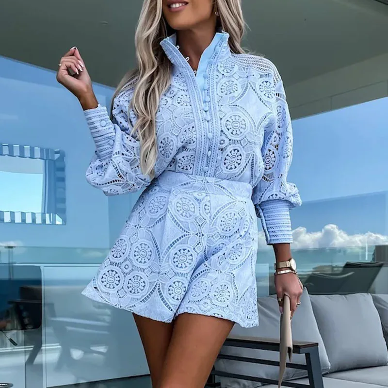 

Chic 2023 Embroidery Hollow Lace 2Pc Outfit Summer Shorts Sets Lady Long Sleeve Shirt Stand Collar Top Women Solid Pants Suit