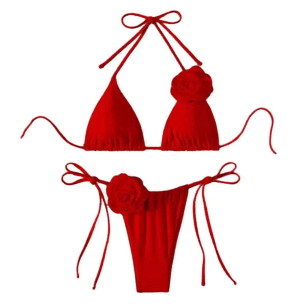 

Tankini Swimsuit Off Shoulder Lace-up Halter Neck Bikini Set with Fake Flower Decor Patchwork for Women Swimwear