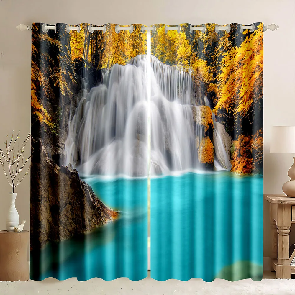 

Forest Waterfall Theme Window Curtain Jungle Autumn Red Maple Leaves Stream Trees Nature Scene Print Blackout Window Curtains