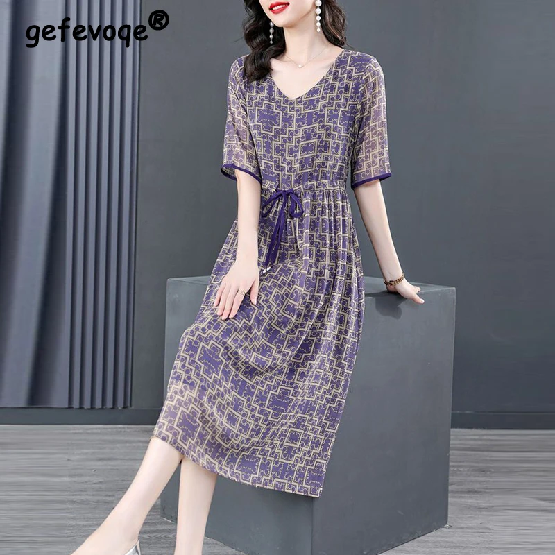2024 Summer Women Korean Fashion Print Lace Up Elegant Party Dresses Female Casual V Neck Short Sleeve Loose Midi Dress Vestidos
2024 Summer Women Korean Fashion Print Lace Up Elegant Party Dresses Female Casual V Neck Short Sleeve Loose Midi Dress Vestidos
