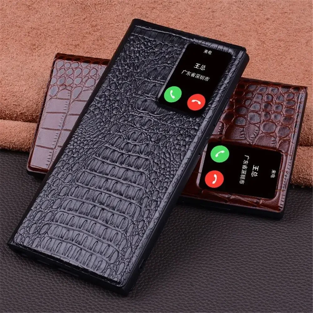 

Genuine Cowhide Leather Flip Case for Samsung Galaxy S24 Ultra Smartcase Crocodile Pattern Window View Business Cover Book