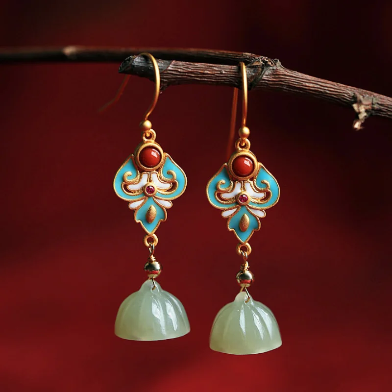 

Ancient gold craft Courtly style natural Hetian jade lotus enamel earrings for women exquisite vintage Eardrop jewelry