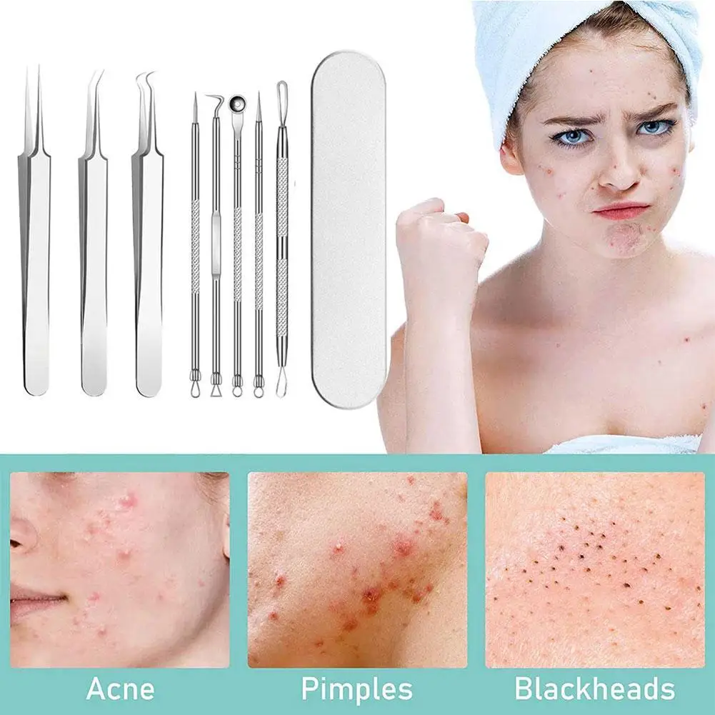 

8PCS/SET Stainless Steel Blackhead Removal Kit Acne Blemish Pimple Extractor Remover Needles Cosmetic Face Cleaning Tools