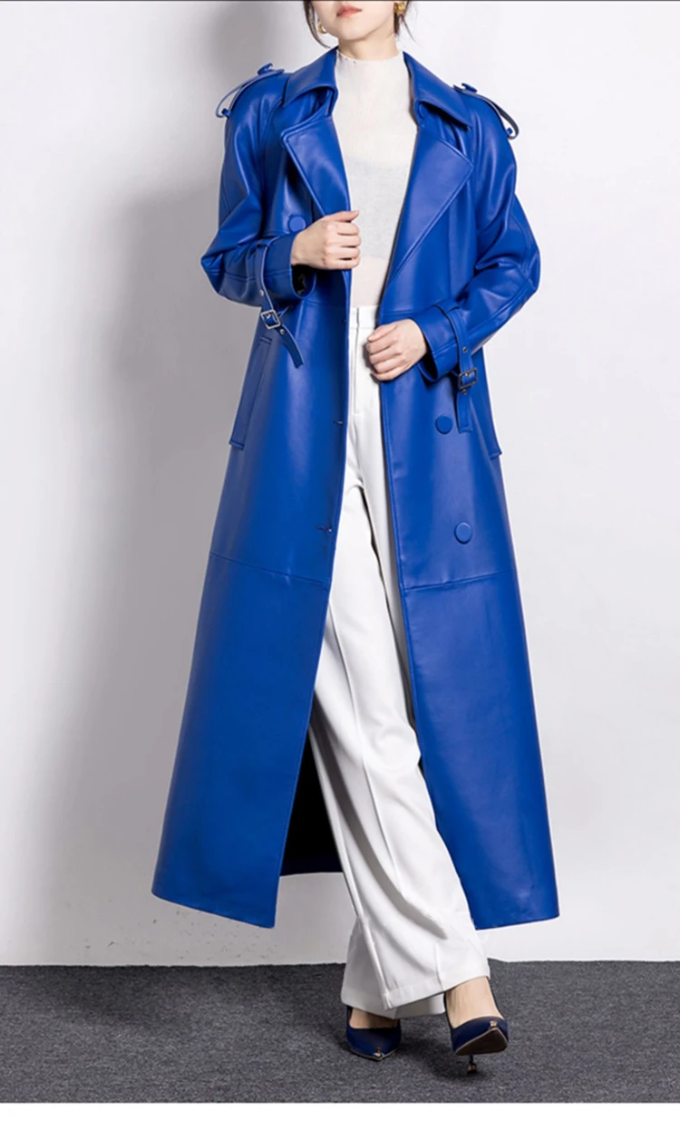 

Spring Autumn Extra Long Luxury Elegant Blue Soft Pu Leather Trench Coat for Women Stylish Runway European Fashion