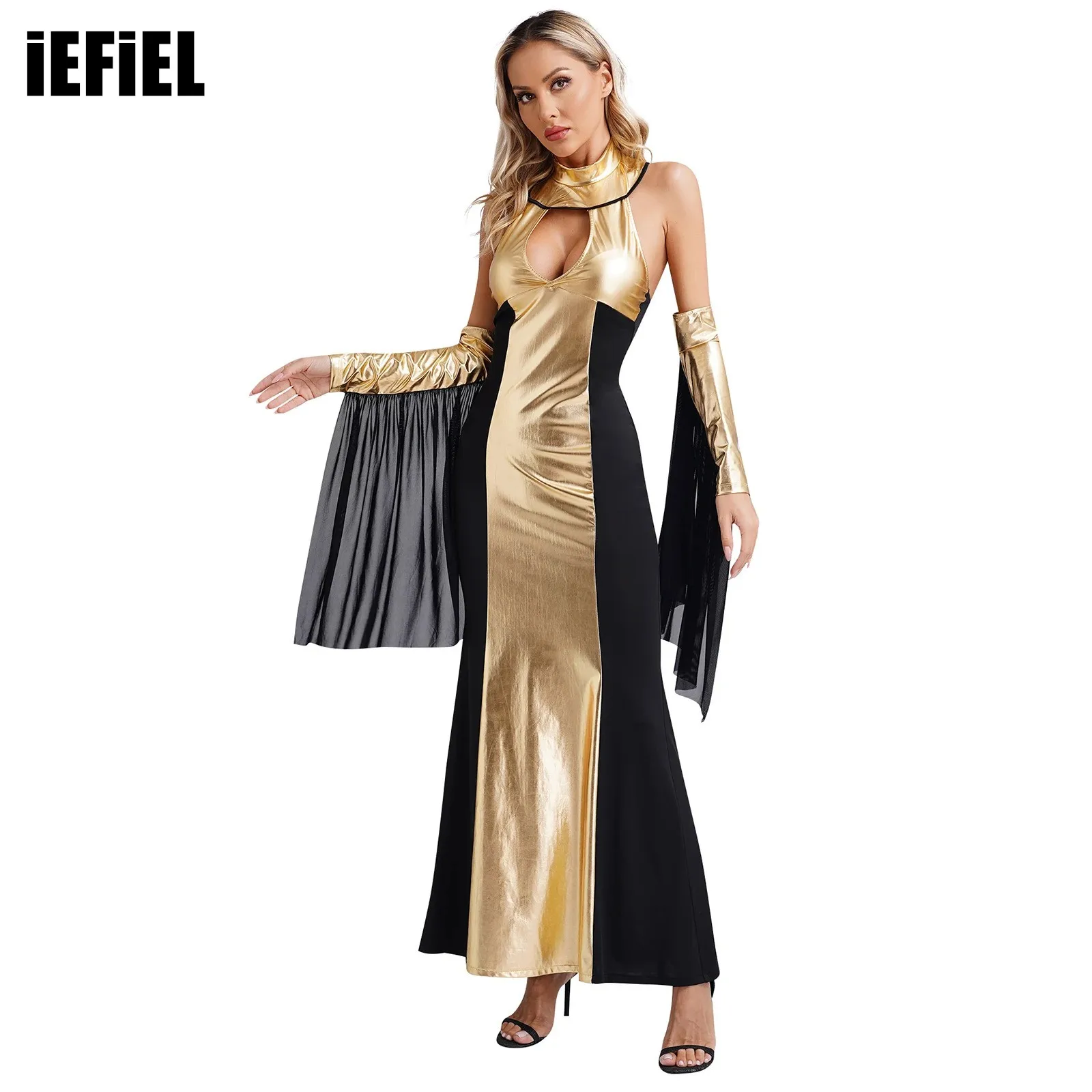 

Womens Egypt Queen Dress Halloween Costumes Halter Backless Keyhole Dress with Detachable Sleeves Cleopatra Cosplay